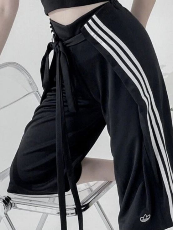 adidas Pants - adidas Black Wide-Leg Culotte Track Wrap Around Shorts White Stripes